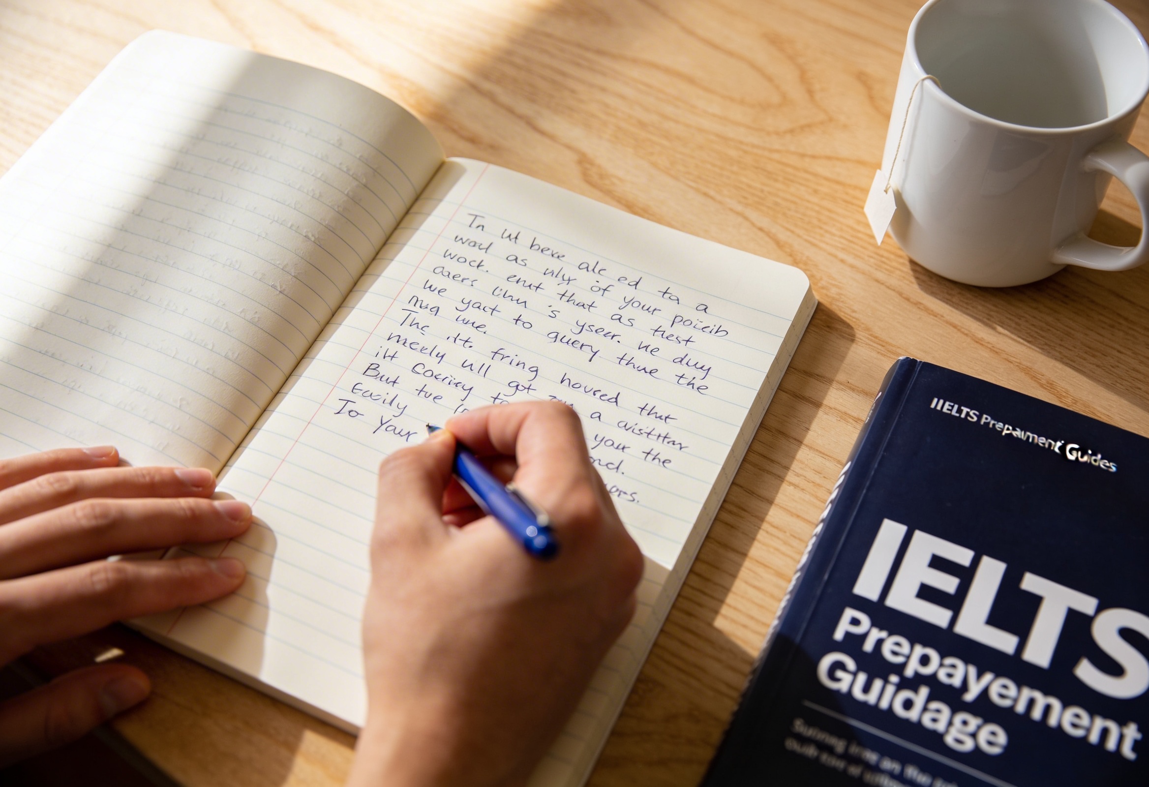 Ahşap masada açık defterle IELTS essay yazısı yazan el