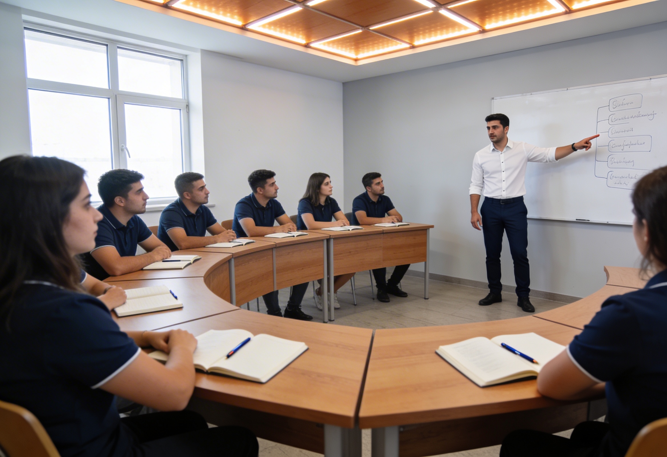 Sınıfta tahtada ders anlatan eğitmen ve sekiz öğrenci